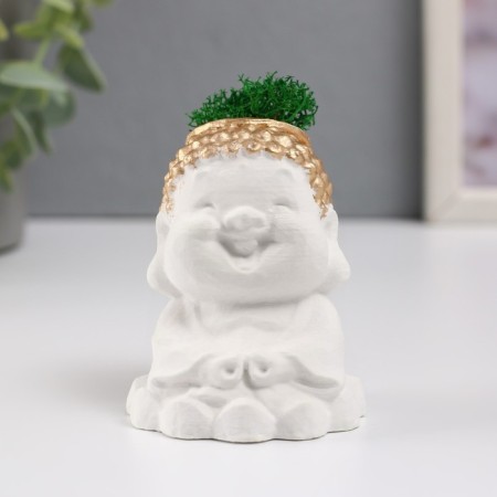 Concrete Kashpo "Buddha" 5.5x6.5x7 cm white with gold with moss (moss green stabilized)