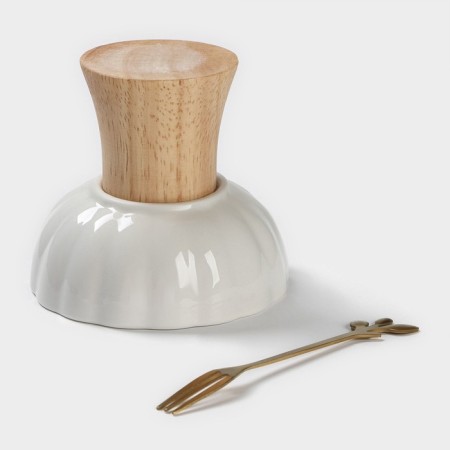 Ceramic crem, 2 items: Kremanka d = 10 cm, fork h = 13 cm, white color-3