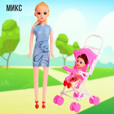 Mom and daughter doll with a stroller, mix-8