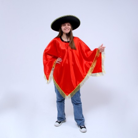 Mexico carnival costume, hat, poncho, red color