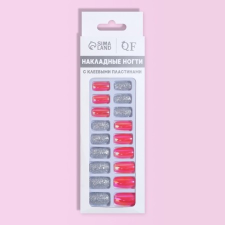 Overhead nails, 24 pcs, with adhesive plates, shape soft square, silver color/holography-7