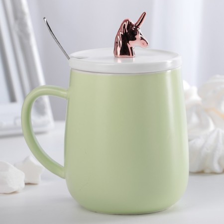 Ceramic mug with a lid and spoon "Golden Horn", 450 ml, color mix-2