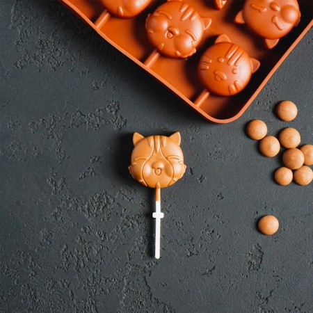 Form for the candy "cats", silicone, 16.5 × 11 × 1.7 cm, 8 cells, with sticks, brown color-4