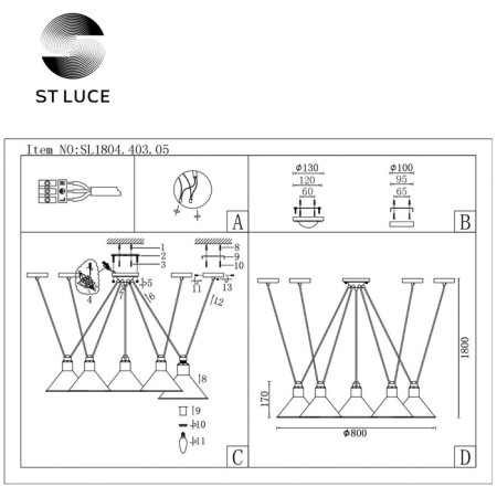 Suspension lamp ST LUCE. SL1804.403.05. Svevo. 5x60 watts, E14, 80x80x17 cm, black color-5