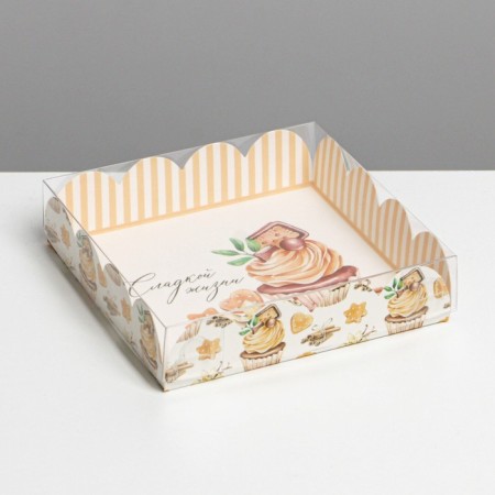 Cookie box, confectionery packaging with PVC lid, “sweet life”, 15 x 15 x 3 cm
