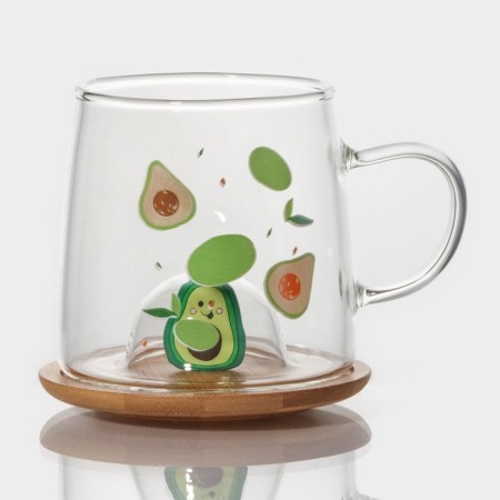 Glass mug with a wooden lid "Avocado", 350 ml, Mix drawing-4