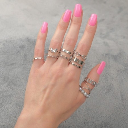 Set of rings 10 pieces "trend" lady, white color in silver, size mix-3