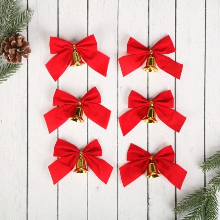 Decoration Christmas tree "bow with a bell" (set of 6 pcs) 10 cm, red