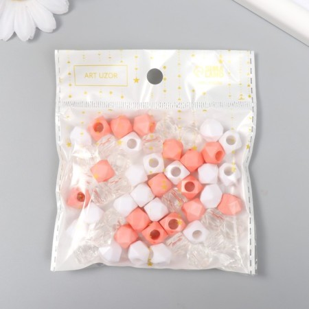 Plastic beads "Crystal polyhedron. Coral, white, transparent" set of 30 g 1x1x1 cm-3