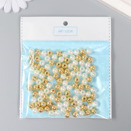 Beads for creativity plastic "white with gold" set 30 g d = 0.8 cm 12x16 cm-2