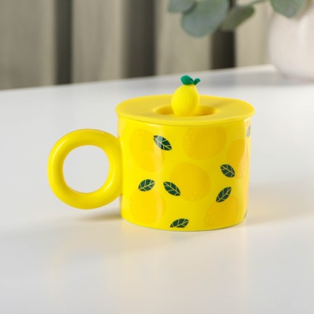 Ceramic mug with silicone lid of the Lemon shares, 350 ml, yellow color-3