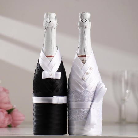 Decoration for champagne "Bridegroom and Bride", black and white-4