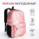 A backpack with a zipper, 3 outer pockets, pink color