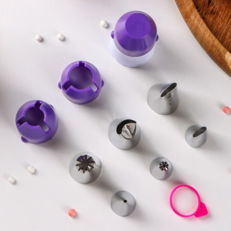 Set of confectionery share, 10 items: nozzles 6 pcs, adapter with a cap, 2 adapters, clamp for a bag-1