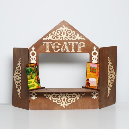 Shirma for a puppet theater with decorations, wood, 70 × 55 cm