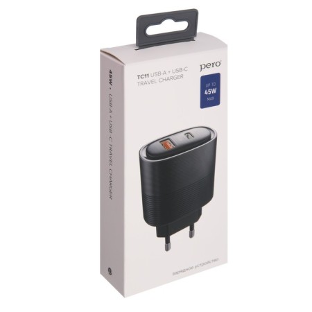 Network charger PERO TC11, USB, USB-C, 3 A, fast charging, black-4
