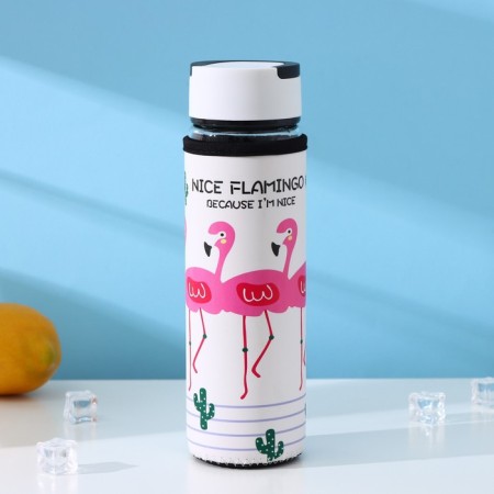 A glass bottle with a handle in a flamingos cover, 500 ml, h = 23.5 cm, Mix drawing-5