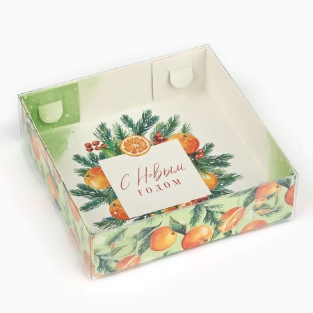 Makarun box “Happy New Year”, tangerines, 12 x 12 x 3 cm, New Year