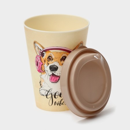 A plastic glass with a lid iZI-go, 420 ml, 9.3 × 9.1 × 13.1 cm, decor animals, beige color-3