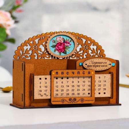 Calendar-penis "Summer flowers", MDF, oak, 17x7.5x14 cm