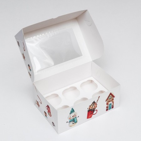 Packaging for 6 cupcakes with a window "Christmas House", 25 x 17 x 10 cm-2