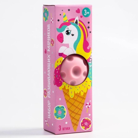 A set of developing tactile balls "Unicorn", with a squeak, 3 pcs, types of mix, crumb I-5