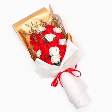Bouquet of soap red and white roses in a box of 20 pcs