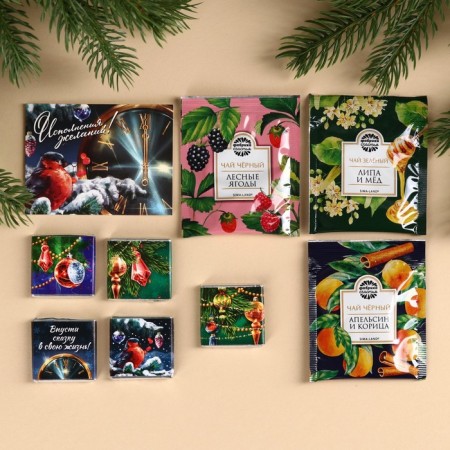 Gift set “Winter will give miracles”: tea assorted 5.4 g (3 pcs. X 1.8 g)., Dairy chocolate 25 g (5 pcs. X 5 g)., Card-1