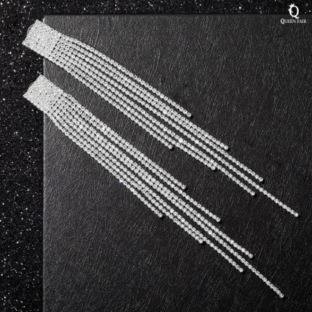 Hanging earrings with rhinestones "Waterfall" stepped, white color in silver, 17 cm-1