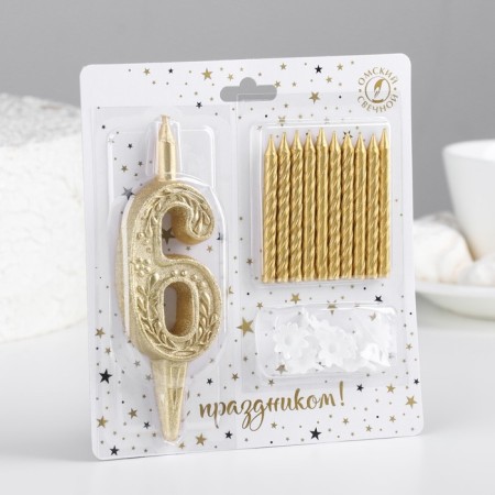Set of candles number "6" + classic, gold, 10 cm-1