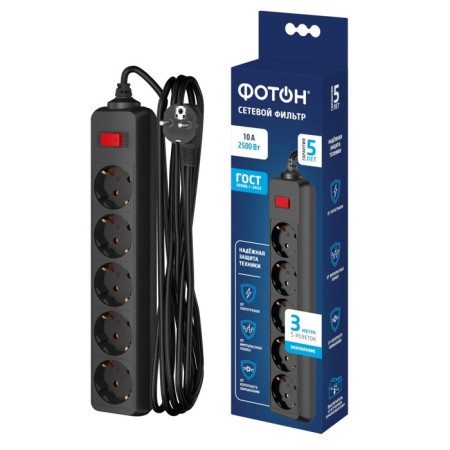 Network filter "Photon" SP 10-35ES, 3 m, 5 sockets, 10 A, with a shit, with salary, black-1