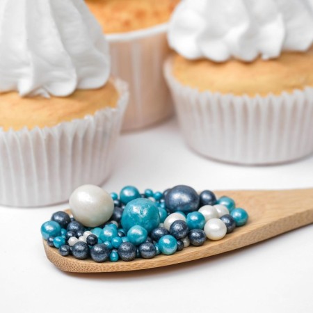 Sprinking confectionery "pearls", blown up rice grains, turquoise, silver, black, 50 g-1