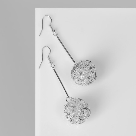 Earrings hanging "ball" interweaving, color light silver, 6.5 cm-1
