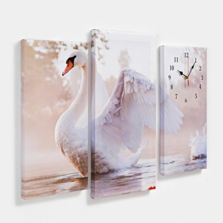Carty clock is wall, modular, "white swan on a pond", silent, 60 x 80 cm, triptych-1
