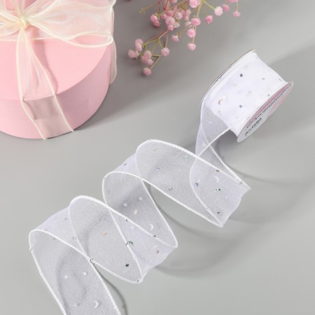 Kapron “wave” ribbon, with sparkles, 50 mm, 9 ± 1 m, white color-1