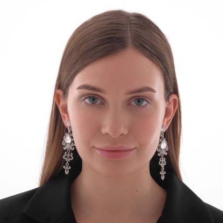 Clips "Openwork in Rhilizes" drop, white color in silver-4