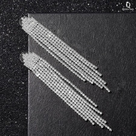 Hanging earrings with rhinestones "Waterfall" Mini Triangle, white color in silver, 8cm-1