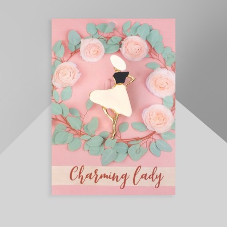 Brooch "Lady", black-beige color in gold-1