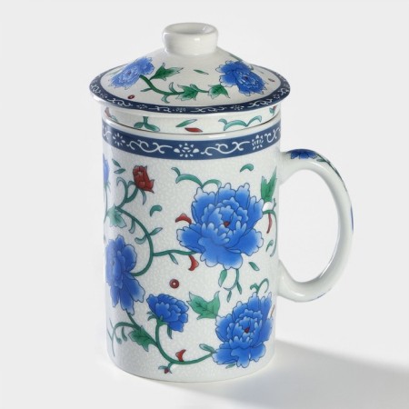 Ceramic mug with a lid and sieve "flowering roses", 300 ml