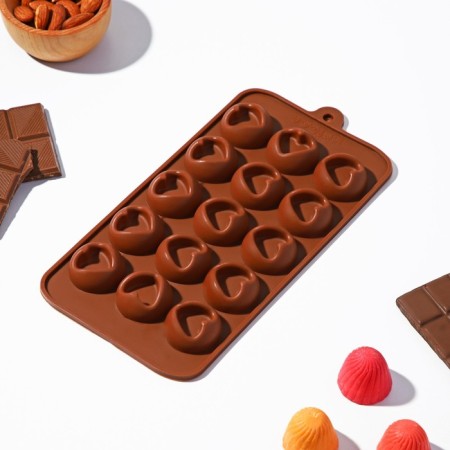 Form for chocolate of the share "Heart", silicone, 23.2 × 12 × 1 cm, 15 cells (d = 3.3 cm), brown color