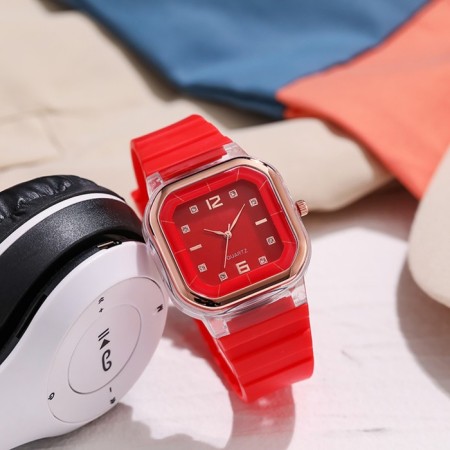 Women's watch, 4.1 x 4.1 cm, silicone strap, red-1