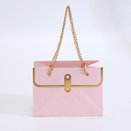 Package for flowers, handle chain, "pink", with gold embossing, 15 x 10.5 x 10 cm-1