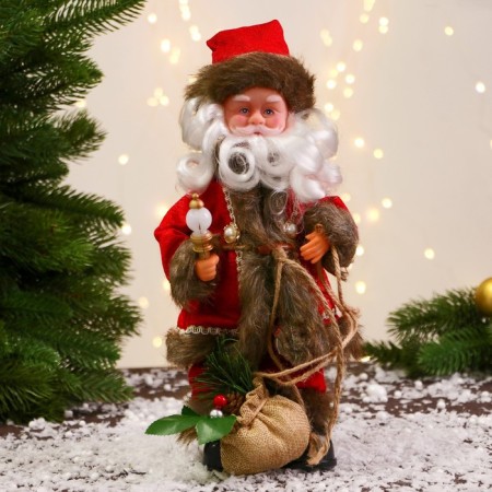 Santa Claus "In a caftan with buttons and a bag" 30 cm, moves, red-brown