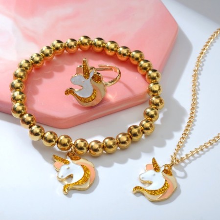 Set of children's 3 objects: pendant, bracelet, ring "chosen" unicorns, colored in gold-2