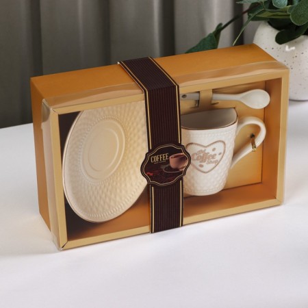 Coffee steam ceramic with a spoon of Coffee, 2 items: a mug of 190 ml, a saucer, a drawing mix-8