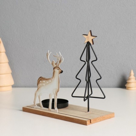 Climber metal, wood on 1 candle "Deer at the Christmas tree" d = 4 cm 7.5x16x16 cm-3