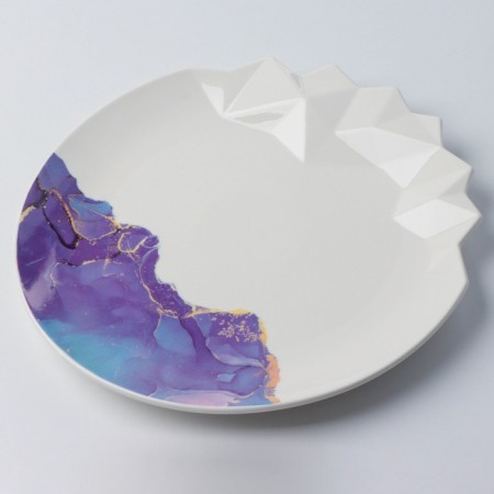 Ceramic dish for serving “marble”, white-blue, 27 cm, white color-5