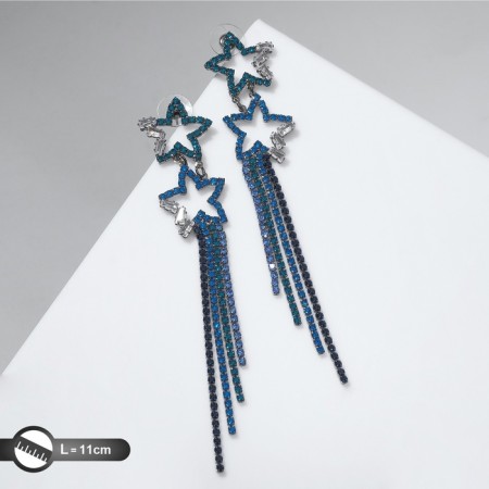 Hanging earrings with rhinestones "Waterfall" stars, blue color in gray metal, 11 cm