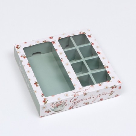 Box for 8 sweets + chocolate, with a window, "tea bouquet", tiffany, 17.7 x 17.85 x 3.85 cm-1