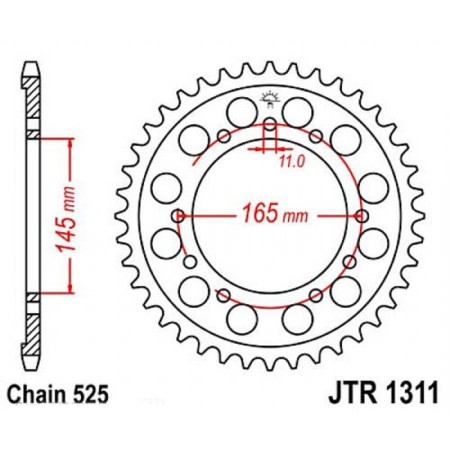 The rear star, driven JTR1311 steel, chain 525, 43 teeth